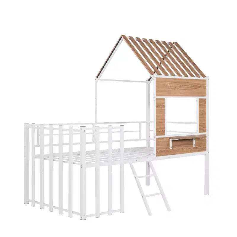 Letto a soppalco Metal House per bambini, struttura letto a soppalco per ragazzi a una piazza e mezza con tetto e finestra