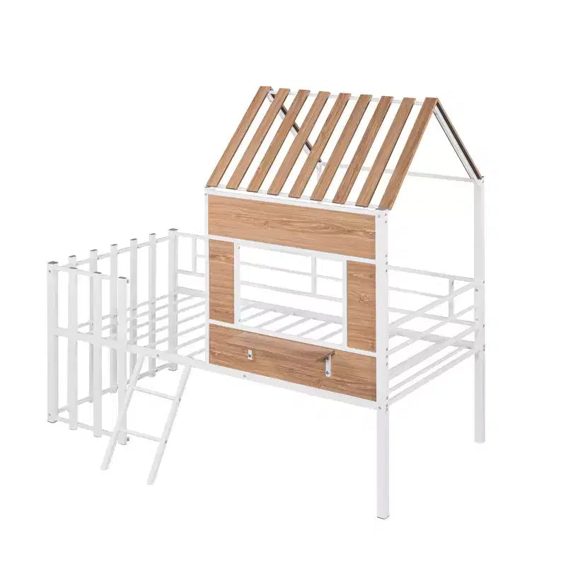Letto a soppalco Metal House per bambini, struttura letto a soppalco per ragazzi a una piazza e mezza con tetto e finestra