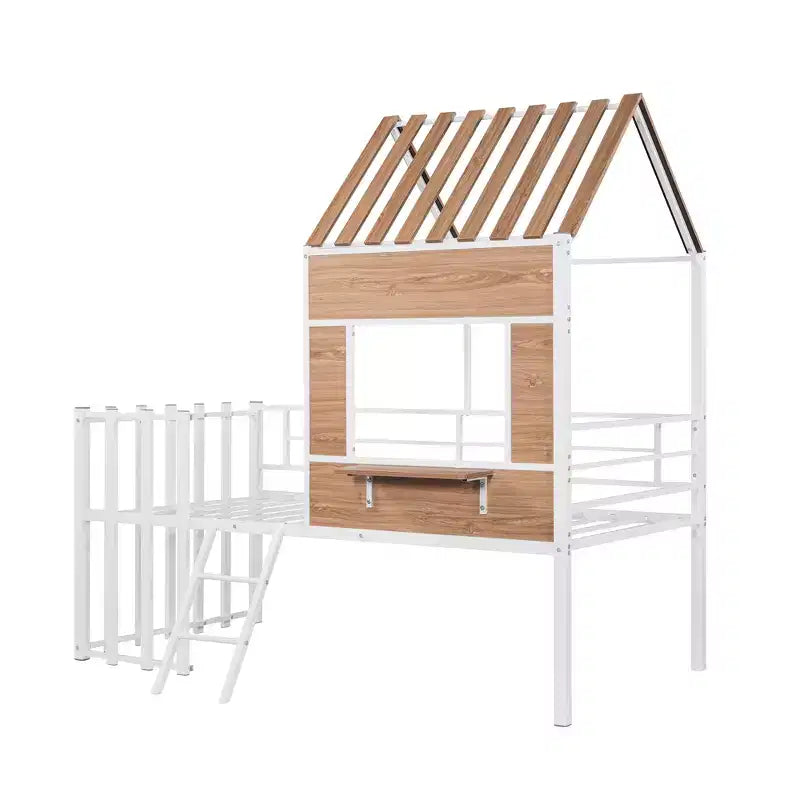 Letto a soppalco Metal House per bambini, struttura letto a soppalco per ragazzi a una piazza e mezza con tetto e finestra