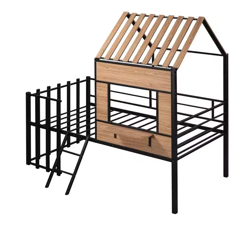 Letto a soppalco Metal House per bambini, struttura letto a soppalco per ragazzi a una piazza e mezza con tetto e finestra