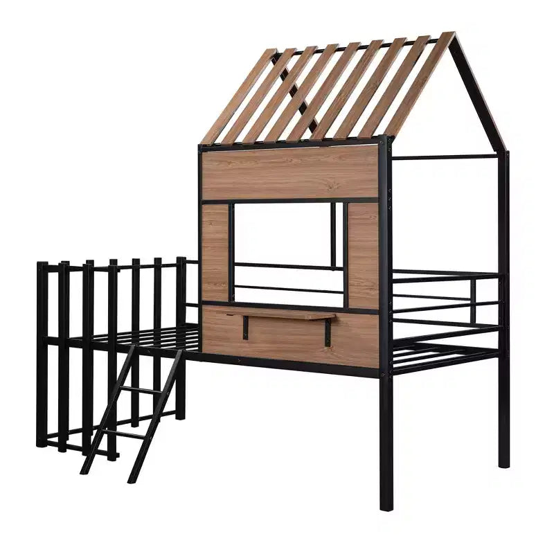 Letto a soppalco Metal House per bambini, struttura letto a soppalco per ragazzi a una piazza e mezza con tetto e finestra