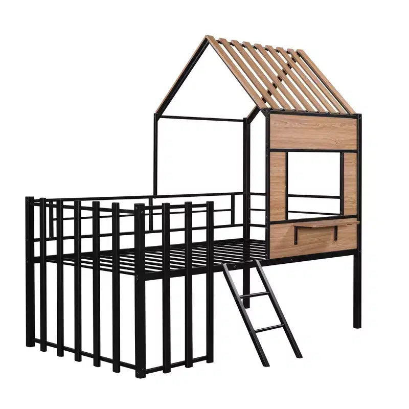 Letto a soppalco Metal House per bambini, struttura letto a soppalco per ragazzi a una piazza e mezza con tetto e finestra