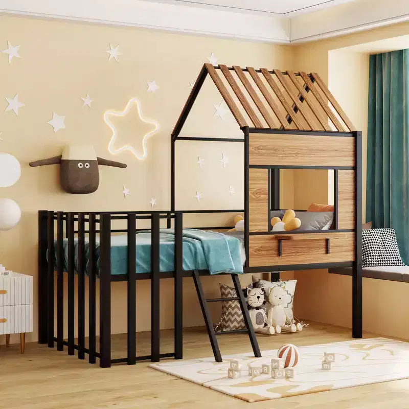 Metal House Loft Bed for Kids, Twin Size Loft Bed Frame with Roof & Window