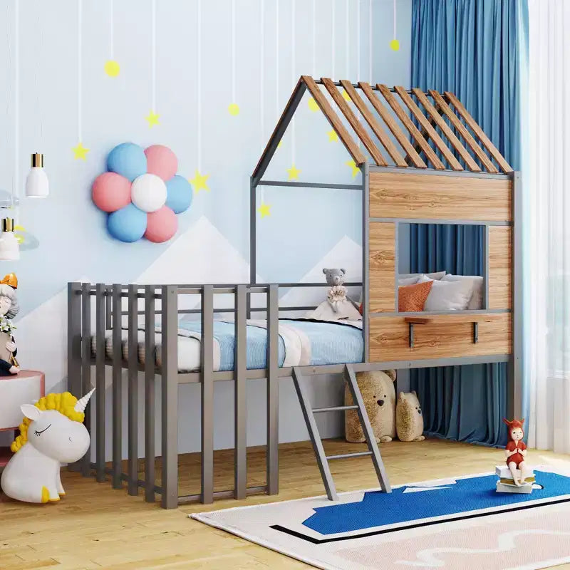 Letto a soppalco Metal House per bambini, struttura letto a soppalco per ragazzi a una piazza e mezza con tetto e finestra