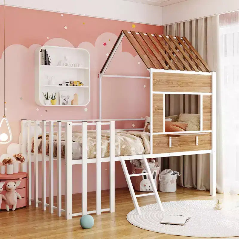 Letto a soppalco Metal House per bambini, struttura letto a soppalco per ragazzi a una piazza e mezza con tetto e finestra