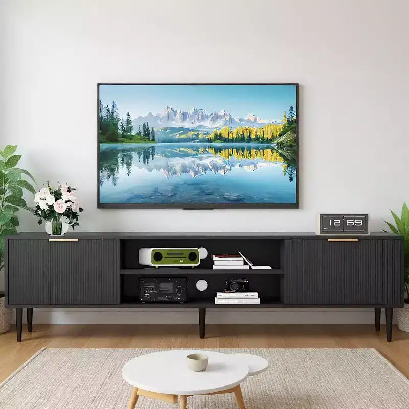 Modern TV Consoles for 75 Inch TVs, Entertainment Stand with 2 Large Storage Cabinets, Fluted Panel Design Media Console