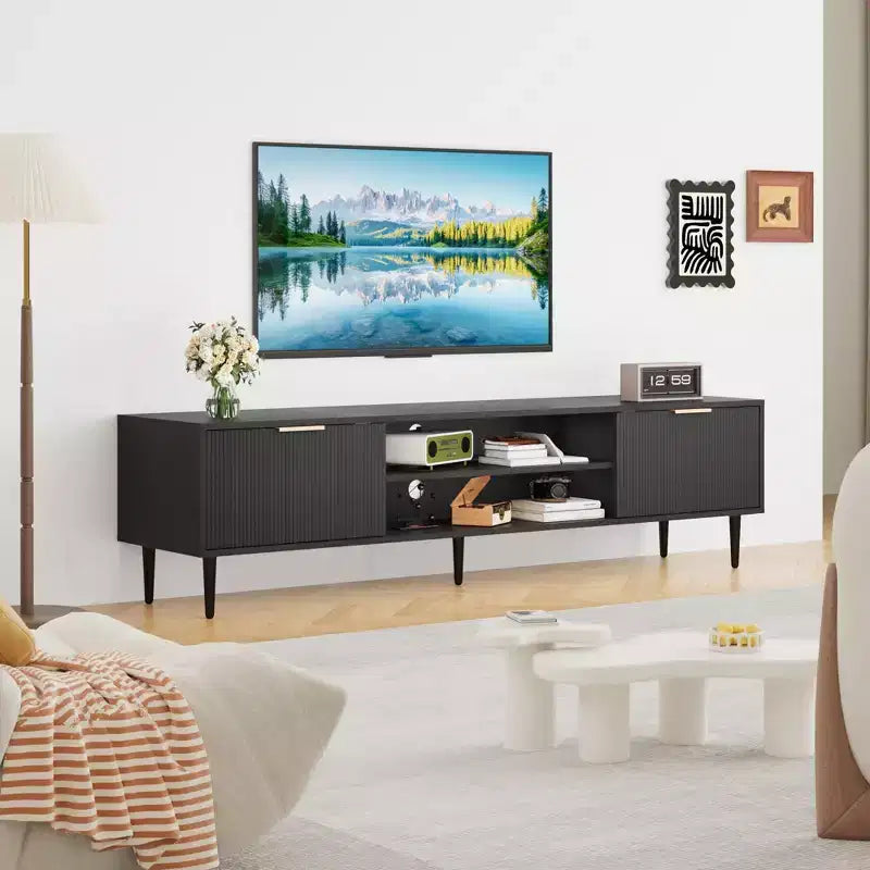 Mobili TV Moderni per Televisori da 75 Pollici, Mobile da Intrattenimento con 2 Grandi Armadietti, Console Multimediale con Pannello Scanalato