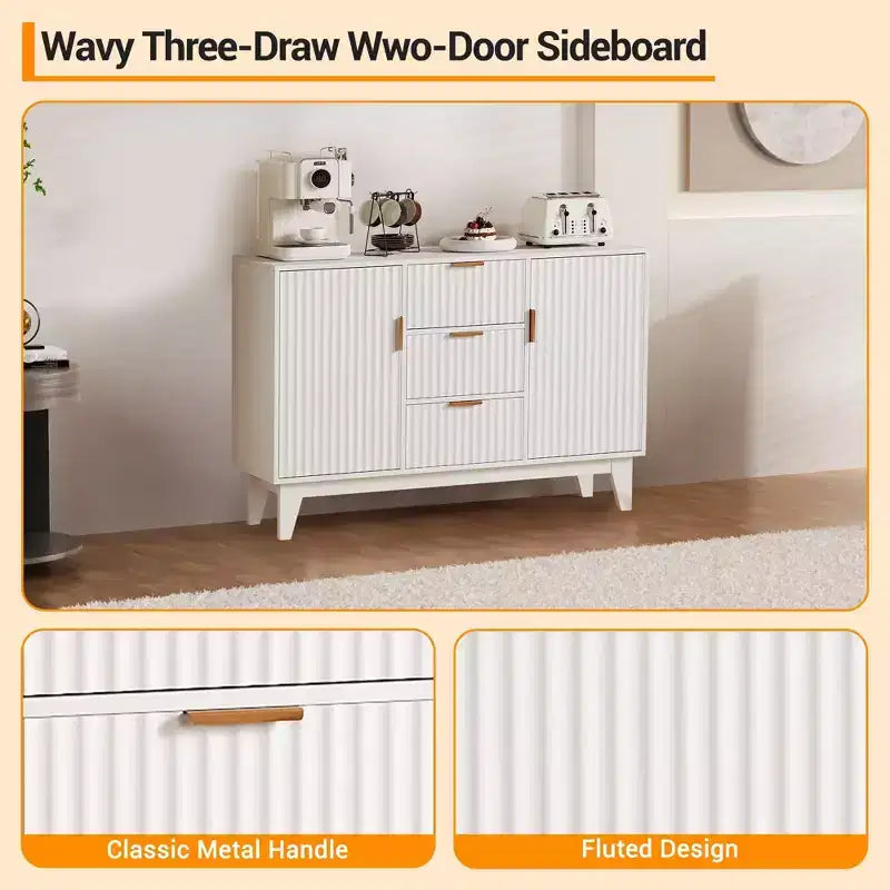 Credenza Buffet, Mobile Contenitore con Ante Scanalate da 120 cm con 3 Cassetti e 2 Ante - Bianco per Cucina, Soggiorno, Ingresso