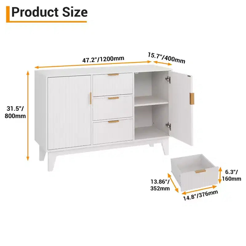 Credenza Buffet, Mobile Contenitore con Ante Scanalate da 120 cm con 3 Cassetti e 2 Ante - Bianco per Cucina, Soggiorno, Ingresso