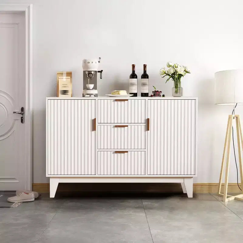 Credenza Buffet, Mobile Contenitore con Ante Scanalate da 120 cm con 3 Cassetti e 2 Ante - Bianco per Cucina, Soggiorno, Ingresso