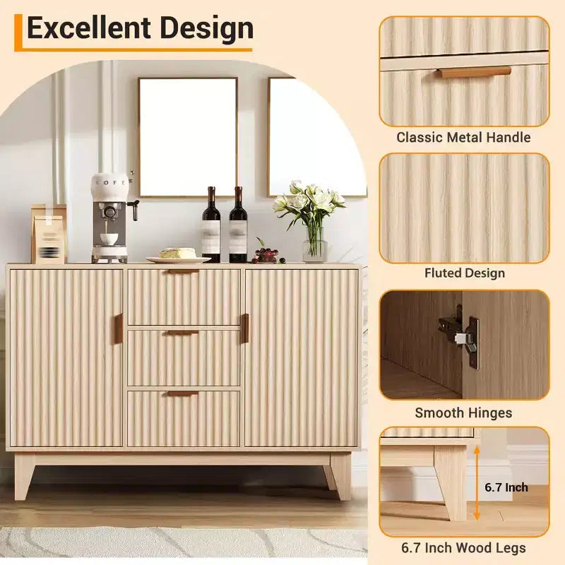 Credenza Buffet, Mobile Contenitore con Ante Scanalate da 120 cm con 3 Cassetti e 2 Ante - Bianco per Cucina, Soggiorno, Ingresso