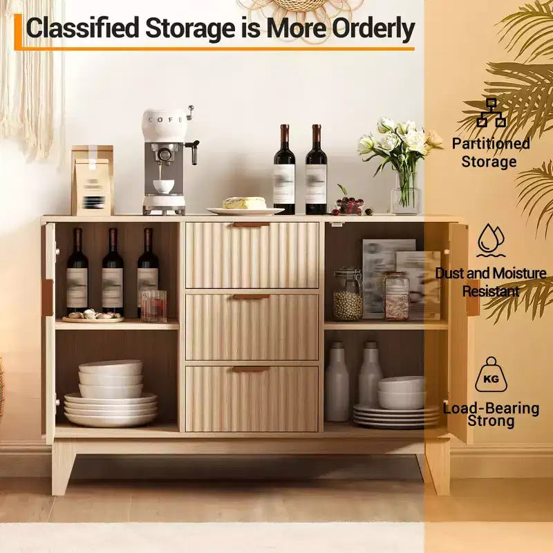Credenza Buffet, Mobile Contenitore con Ante Scanalate da 120 cm con 3 Cassetti e 2 Ante - Bianco per Cucina, Soggiorno, Ingresso