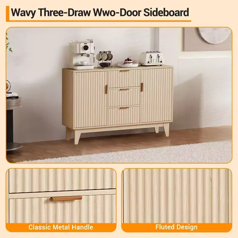 Credenza Buffet, Mobile Contenitore con Ante Scanalate da 120 cm con 3 Cassetti e 2 Ante - Bianco per Cucina, Soggiorno, Ingresso