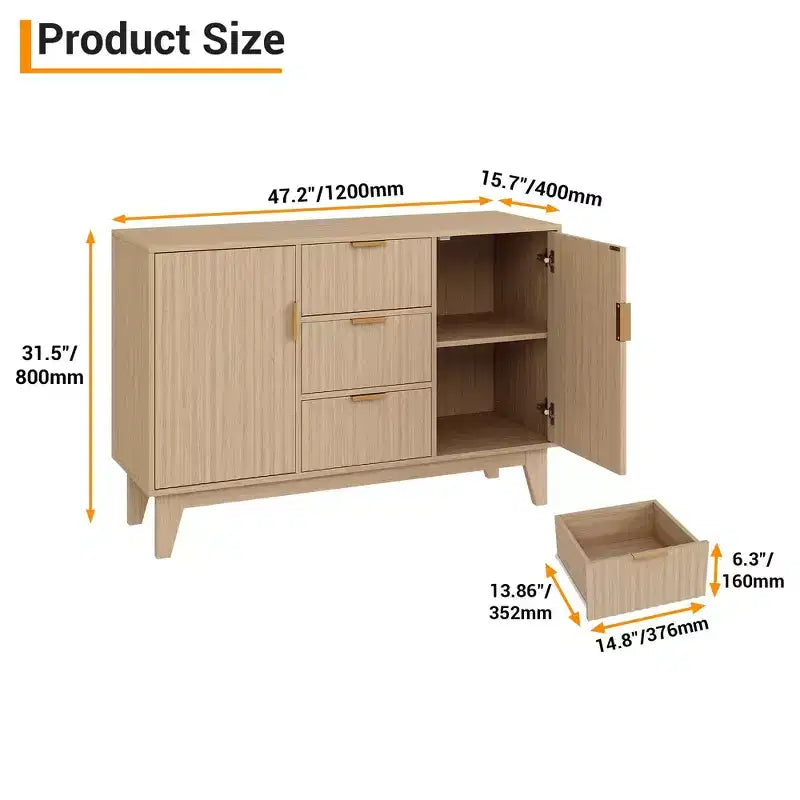 Credenza Buffet, Mobile Contenitore con Ante Scanalate da 120 cm con 3 Cassetti e 2 Ante - Bianco per Cucina, Soggiorno, Ingresso