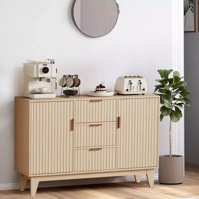 Credenza Buffet, Mobile Contenitore con Ante Scanalate da 120 cm con 3 Cassetti e 2 Ante - Bianco per Cucina, Soggiorno, Ingresso