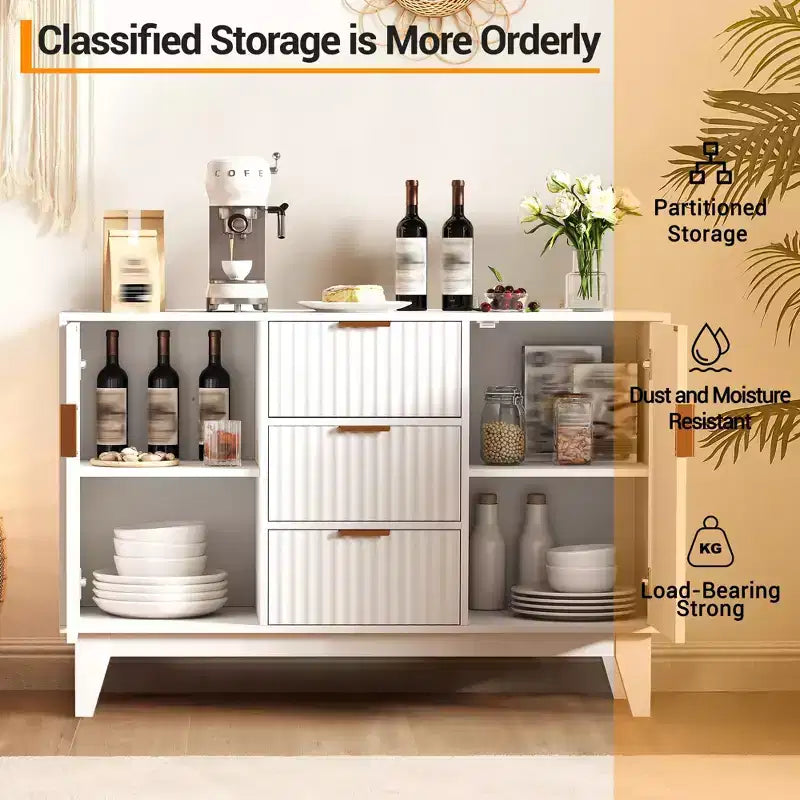 Credenza Buffet, Mobile Contenitore con Ante Scanalate da 120 cm con 3 Cassetti e 2 Ante - Bianco per Cucina, Soggiorno, Ingresso