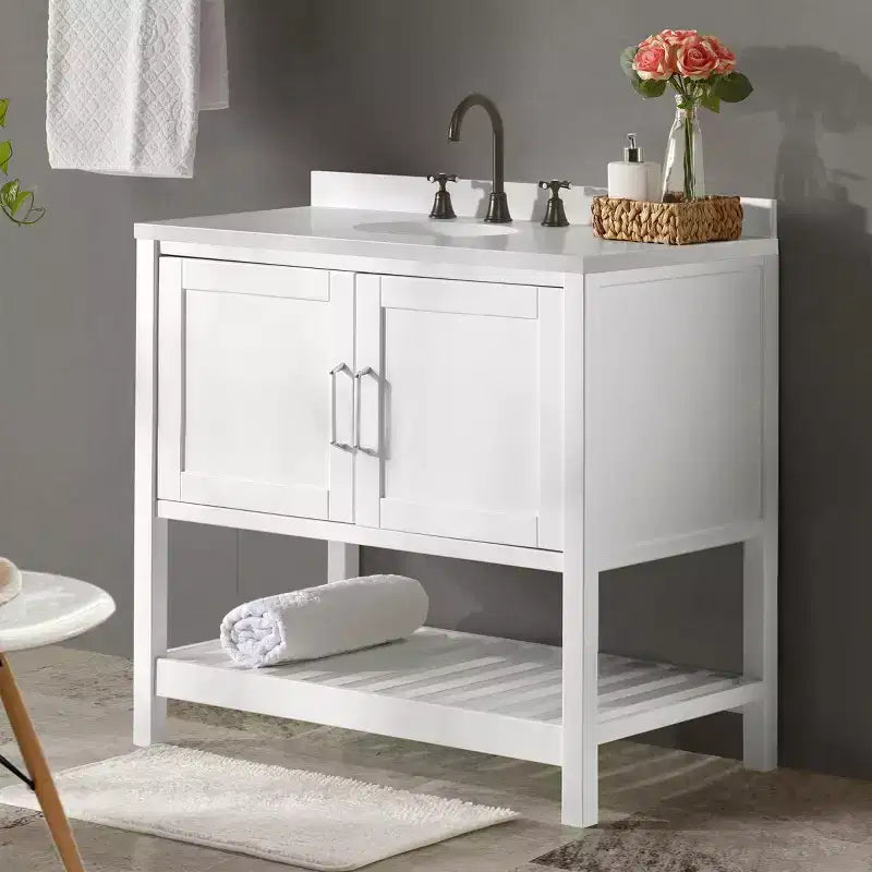 Mobile Bagno 36 pollici senza Piano, Mobiletto Freestanding Shaker con Ante a Chiusura Ammortizzata e Ripiano Inferiore a Doghe, Bianco