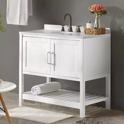 Mobile Bagno 36 pollici senza Piano, Mobiletto Freestanding Shaker con Ante a Chiusura Ammortizzata e Ripiano Inferiore a Doghe, Bianco