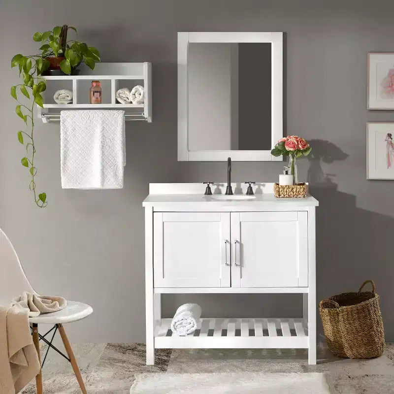 Mobile Bagno 36 pollici senza Piano, Mobiletto Freestanding Shaker con Ante a Chiusura Ammortizzata e Ripiano Inferiore a Doghe, Bianco
