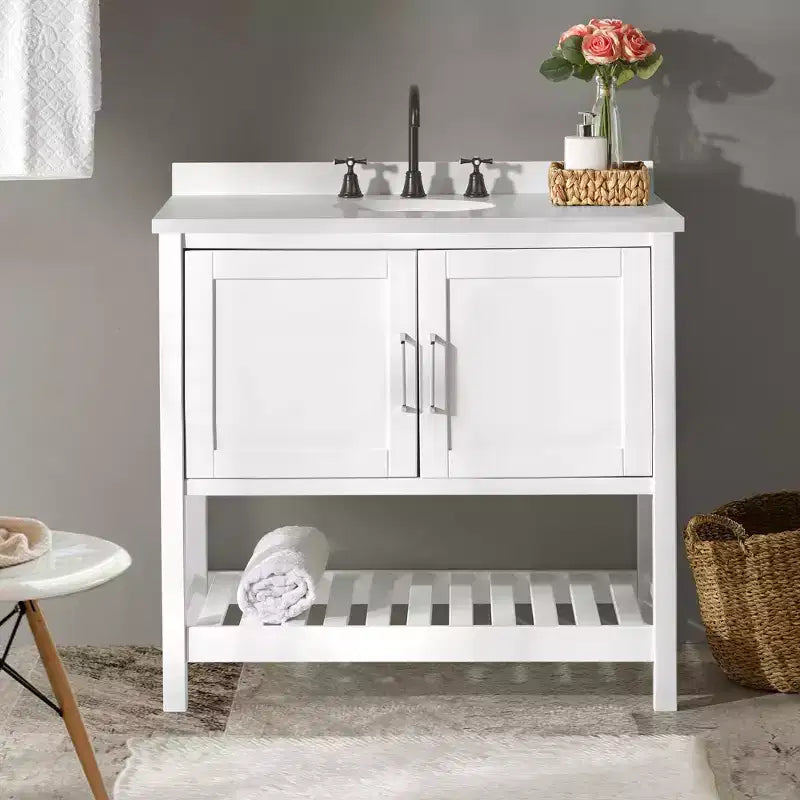 Mobile Bagno 36 pollici senza Piano, Mobiletto Freestanding Shaker con Ante a Chiusura Ammortizzata e Ripiano Inferiore a Doghe, Bianco