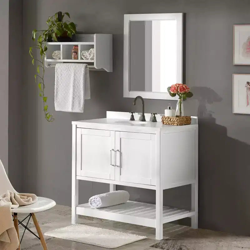 Mobile Bagno 36 pollici senza Piano, Mobiletto Freestanding Shaker con Ante a Chiusura Ammortizzata e Ripiano Inferiore a Doghe, Bianco