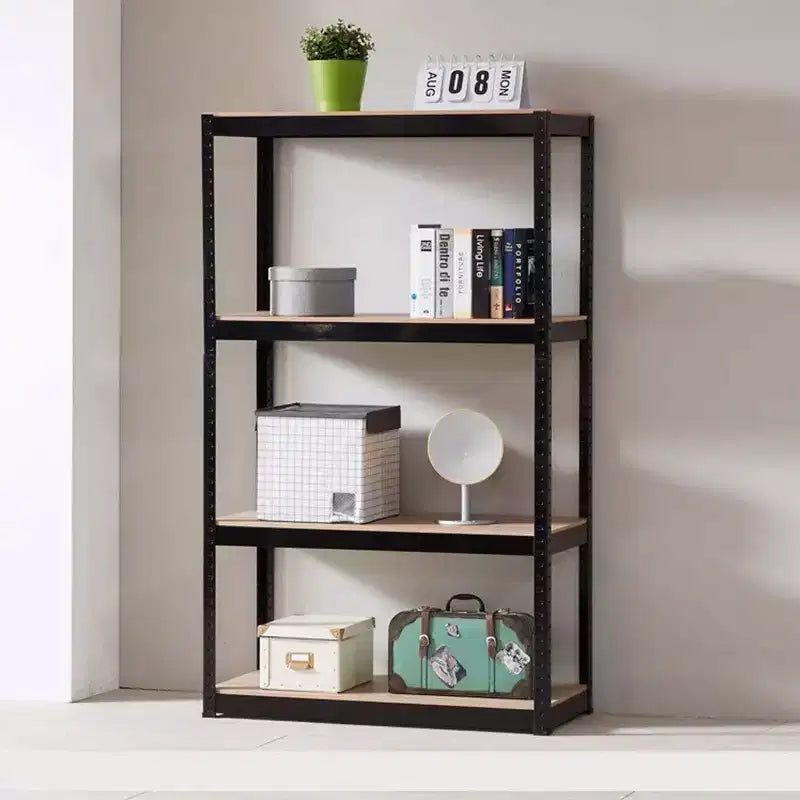 Black Adjustable 4-Tier Shelf Heavy-Duty Metal and Wood Storage Shelf Unit Garage Utility Rack with Boltless Assembly for Books, Kitchenware