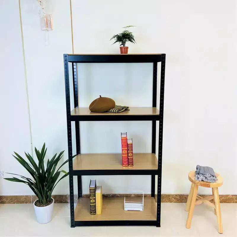 Scaffale nero regolabile a 4 ripiani in metallo e legno resistente, scaffale portaoggetti per garage, officina, senza bulloni, per libri, utensili da cucina