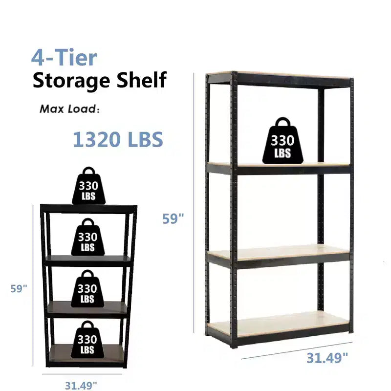 Scaffale nero regolabile a 4 ripiani in metallo e legno resistente, scaffale portaoggetti per garage, officina, senza bulloni, per libri, utensili da cucina