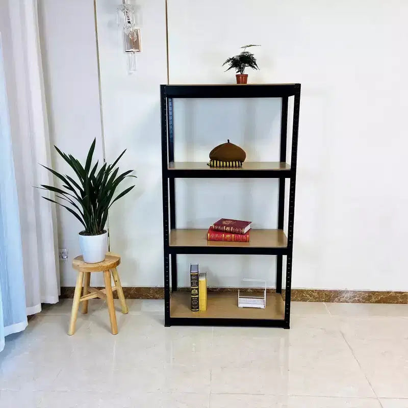 Scaffale nero regolabile a 4 ripiani in metallo e legno resistente, scaffale portaoggetti per garage, officina, senza bulloni, per libri, utensili da cucina