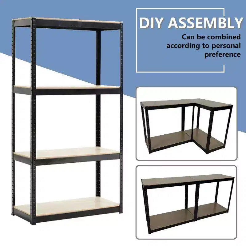 Scaffale nero regolabile a 4 ripiani in metallo e legno resistente, scaffale portaoggetti per garage, officina, senza bulloni, per libri, utensili da cucina