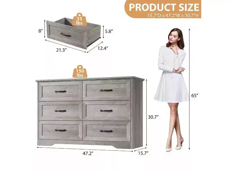 Comò a 6 cassetti per camera da letto, Comodino con cassetti, Comò moderno in legno stile rustico, Organizzatore per ripostiglio