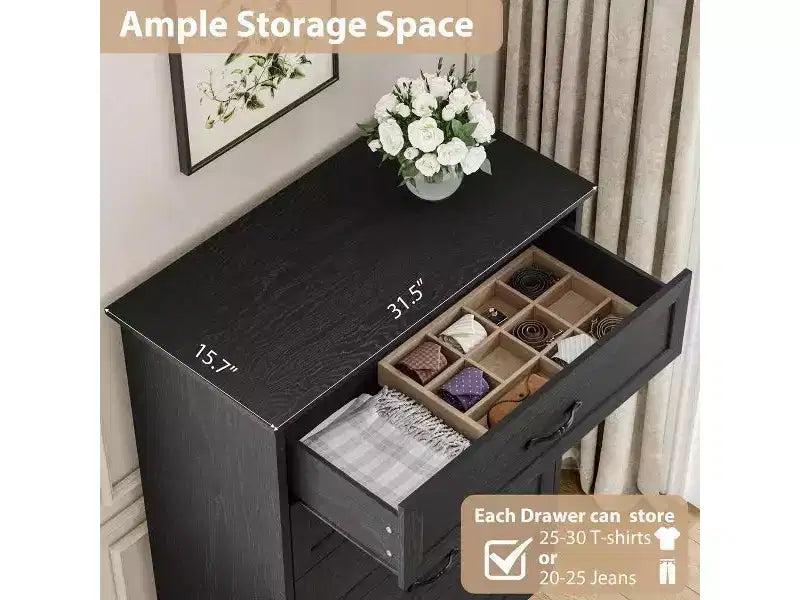 Comò a 6 cassetti per camera da letto, Comodino con cassetti, Comò moderno in legno stile rustico, Organizzatore per ripostiglio