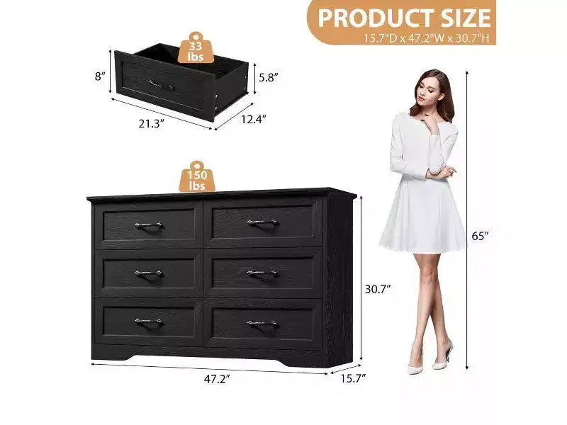 Comò a 6 cassetti per camera da letto, Comodino con cassetti, Comò moderno in legno stile rustico, Organizzatore per ripostiglio