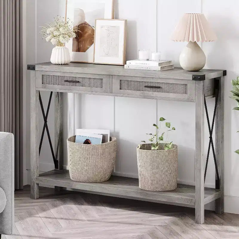 Consolle in Rattan per Ingresso - Tavolo d'Ingresso Boho con Contenitore e Cassetti, Tavoli d'Ingresso Piccoli, 109 cm