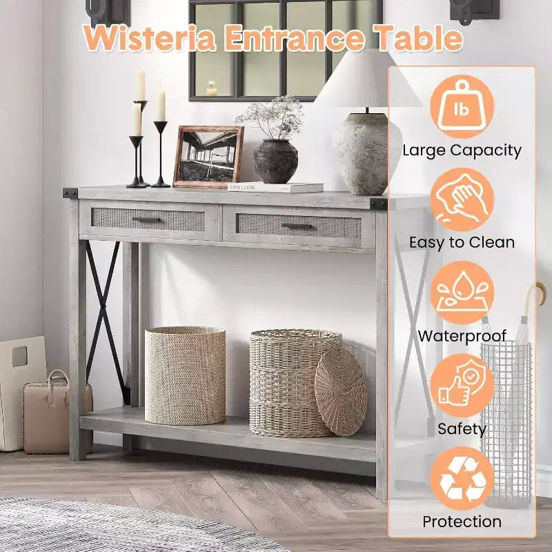 Consolle in Rattan per Ingresso - Tavolo d'Ingresso Boho con Contenitore e Cassetti, Tavoli d'Ingresso Piccoli, 109 cm