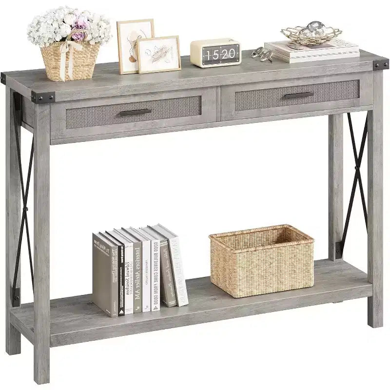 Consolle in Rattan per Ingresso - Tavolo d'Ingresso Boho con Contenitore e Cassetti, Tavoli d'Ingresso Piccoli, 109 cm
