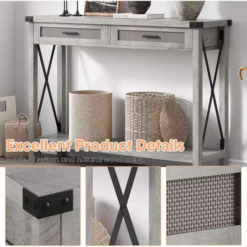 Consolle in Rattan per Ingresso - Tavolo d'Ingresso Boho con Contenitore e Cassetti, Tavoli d'Ingresso Piccoli, 109 cm