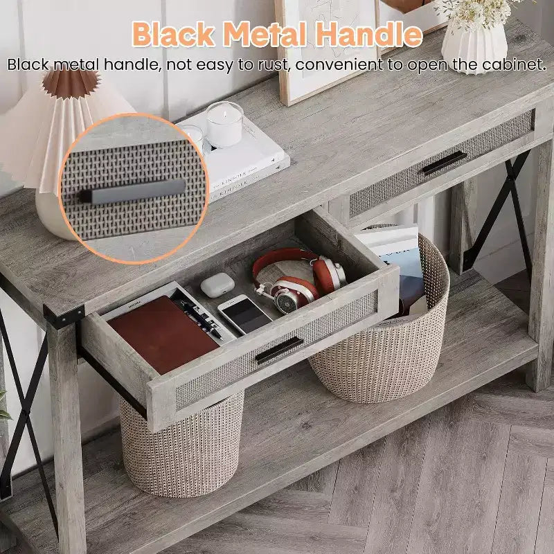Consolle in Rattan per Ingresso - Tavolo d'Ingresso Boho con Contenitore e Cassetti, Tavoli d'Ingresso Piccoli, 109 cm