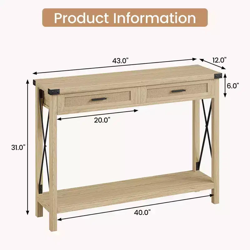 Consolle in Rattan per Ingresso - Tavolo d'Ingresso Boho con Contenitore e Cassetti, Tavoli d'Ingresso Piccoli, 109 cm