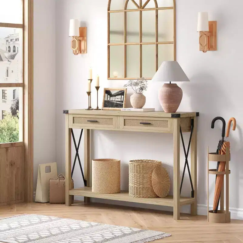 Consolle in Rattan per Ingresso - Tavolo d'Ingresso Boho con Contenitore e Cassetti, Tavoli d'Ingresso Piccoli, 109 cm