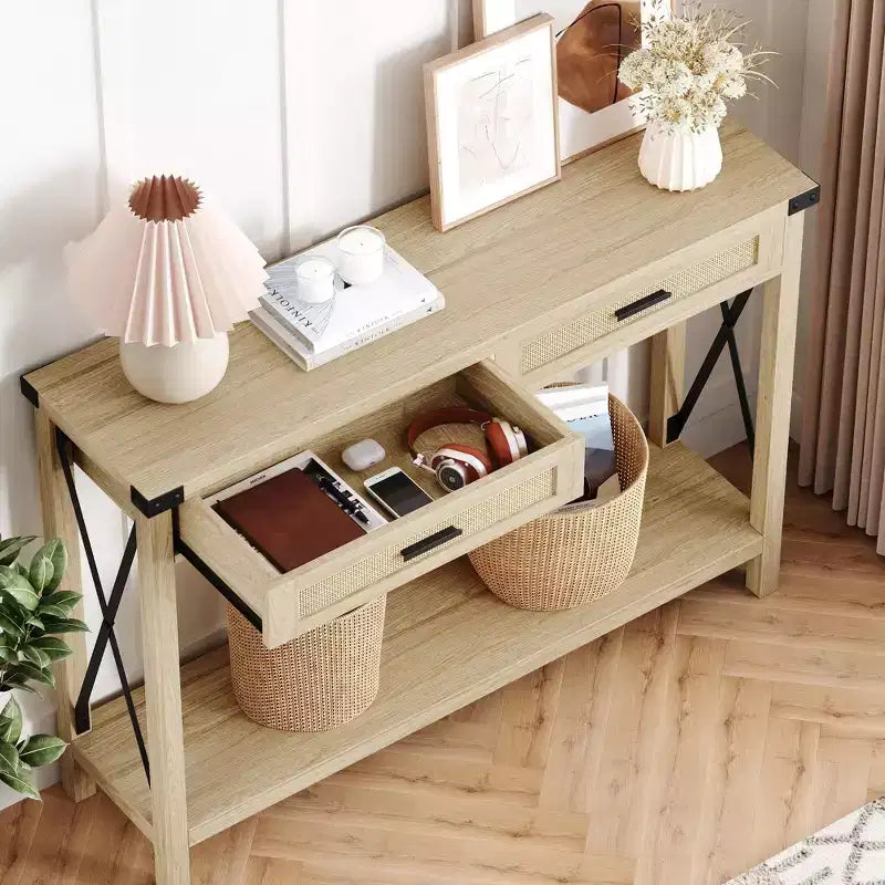Consolle in Rattan per Ingresso - Tavolo d'Ingresso Boho con Contenitore e Cassetti, Tavoli d'Ingresso Piccoli, 109 cm