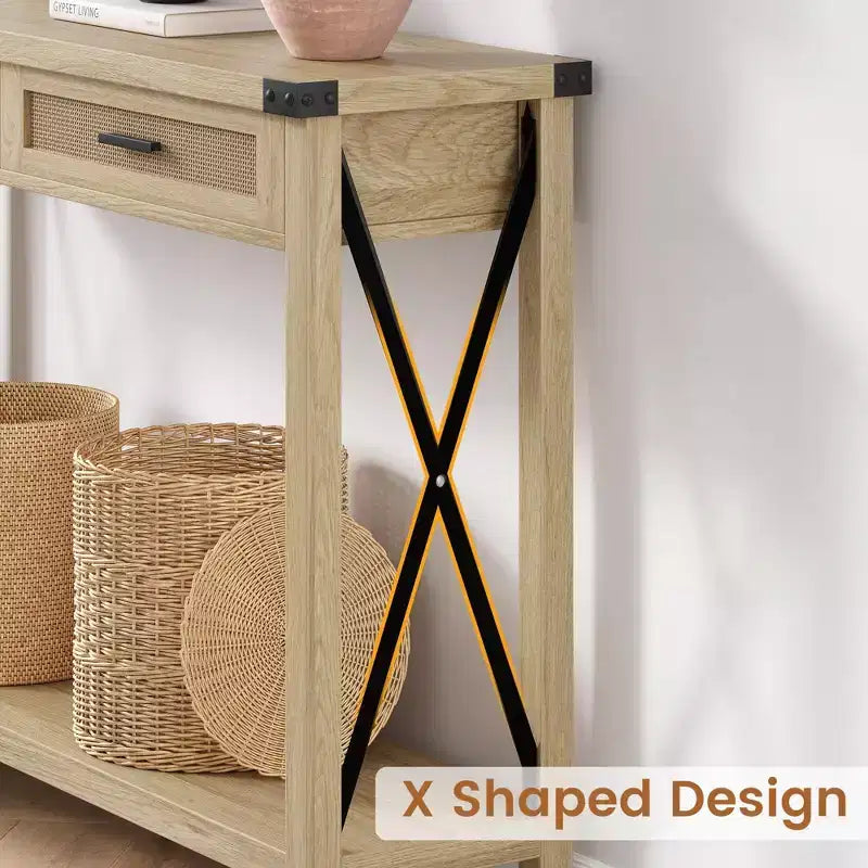 Consolle in Rattan per Ingresso - Tavolo d'Ingresso Boho con Contenitore e Cassetti, Tavoli d'Ingresso Piccoli, 109 cm