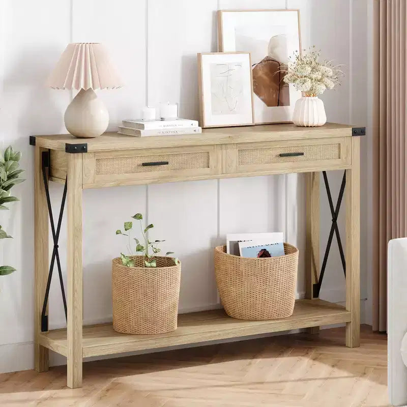 GustoWave Rattan Console Table for Entryway - Boho Entryway Table with Storage and Drawers, Small Entry Tables, 43''