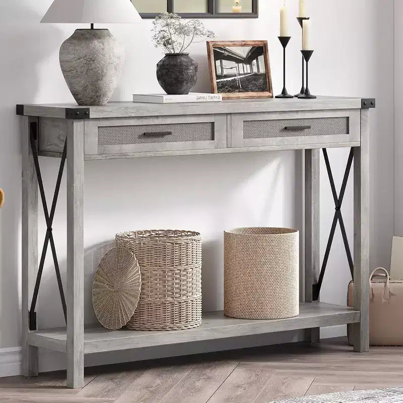 Consolle in Rattan per Ingresso - Tavolo d'Ingresso Boho con Contenitore e Cassetti, Tavoli d'Ingresso Piccoli, 109 cm