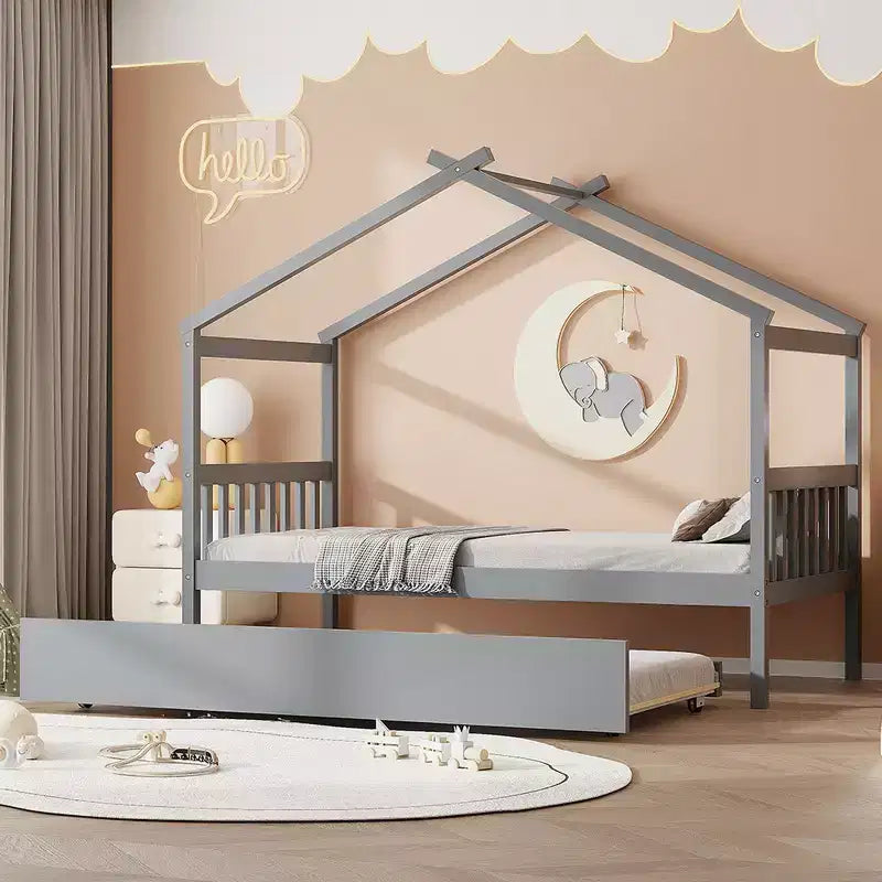 Whisen Twin Size Wooden House Bed with Twin Size Trundle