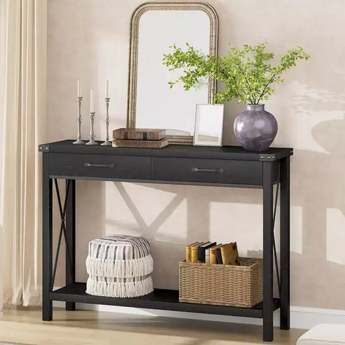 Coolmee 31 inch Console Table with Drawers and Open Shelf, 2-Tier Narrow Sofa Table for Entryway, Living Room, Corridor