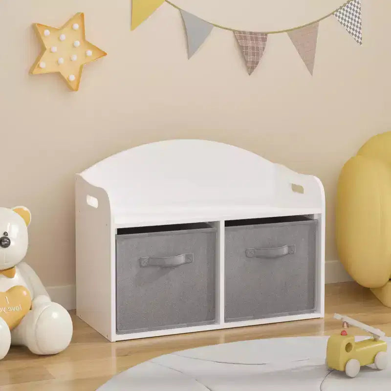 Kids Wooden Toy Box/Bench with Collapsible Fabric Drawers,Toy Storage Cabinet Organizer, White