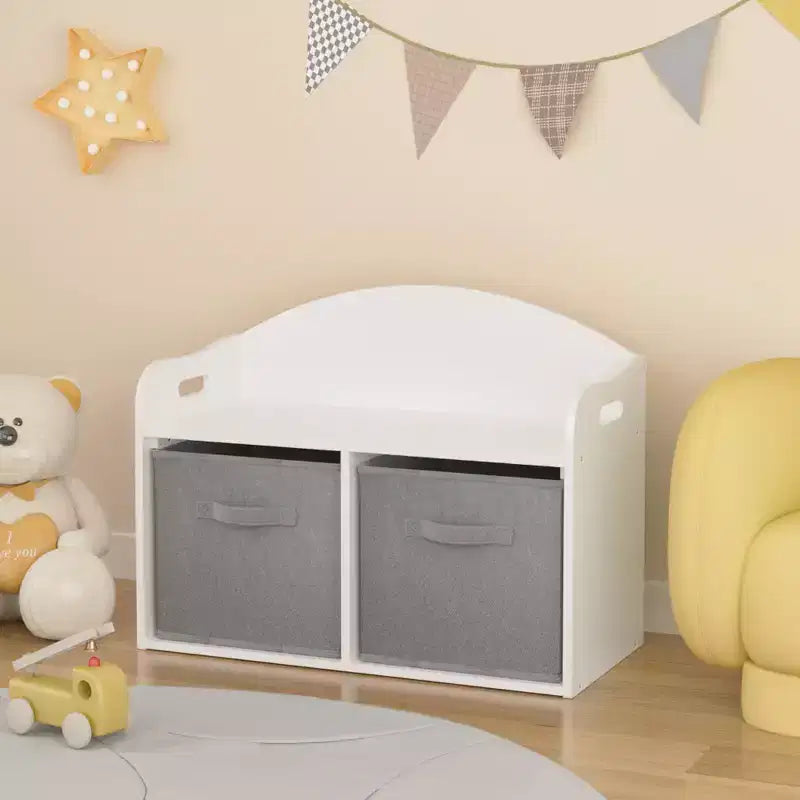 Panca/Baule portagiochi per bambini in legno con cassetti in tessuto pieghevoli, Mobile contenitore organizzatore di giocattoli, Bianco