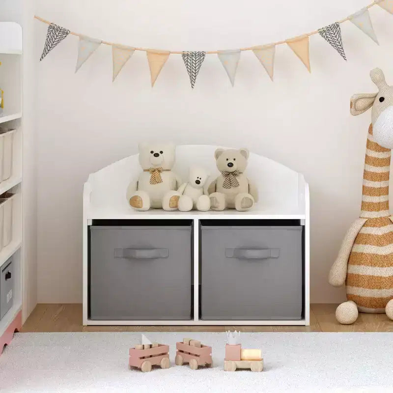 Panca/Baule portagiochi per bambini in legno con cassetti in tessuto pieghevoli, Mobile contenitore organizzatore di giocattoli, Bianco