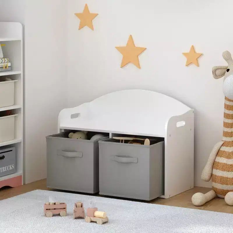 Panca/Baule portagiochi per bambini in legno con cassetti in tessuto pieghevoli, Mobile contenitore organizzatore di giocattoli, Bianco